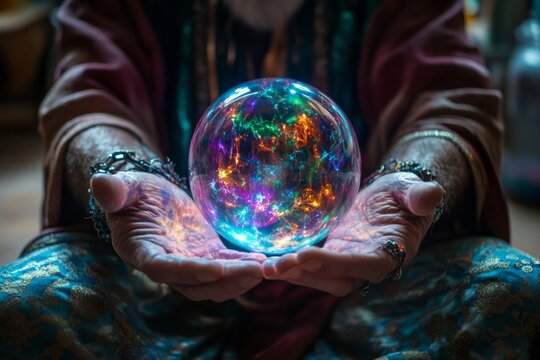 Mystic fortune teller gazing into a clairvoyant crystal ball to foresee the future