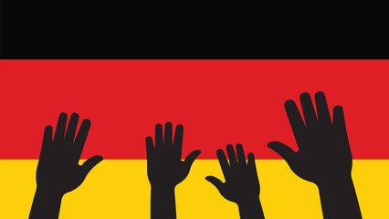 Group of Germany people gathering hands vector silhouette, unity or support idea, hand gathering silhouette on Germany flag, teamwork and togetherness concept, union of society
