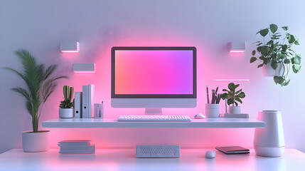 3D Icon Desk Setup: Modern Remote Work Environment with Abstract Holographic Elements and Organized Tech Appeal, Isolated White Background