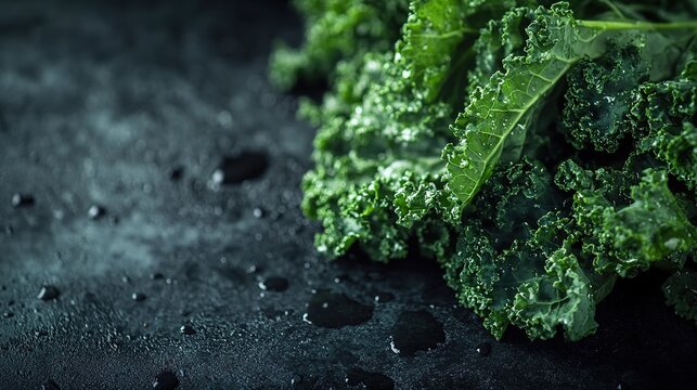 a bunch of fresh, green kale with droplets of water on its leaves, placed on a dark surface