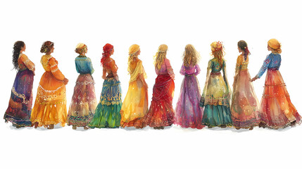 Naklejka premium Watercolor Painting of Women in Colorful Dresses
