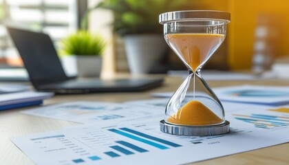 Close up of hourglass on office desk symbolizing time management with business charts and documents