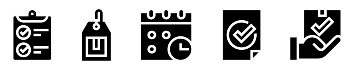 Order Fulfillment Icon Set. Delivery Service. Courier, Checklist, Shipping Label, Clock and Calendar, Document with Seal, Successful Delivery. Solid Icons. Vector Illustration