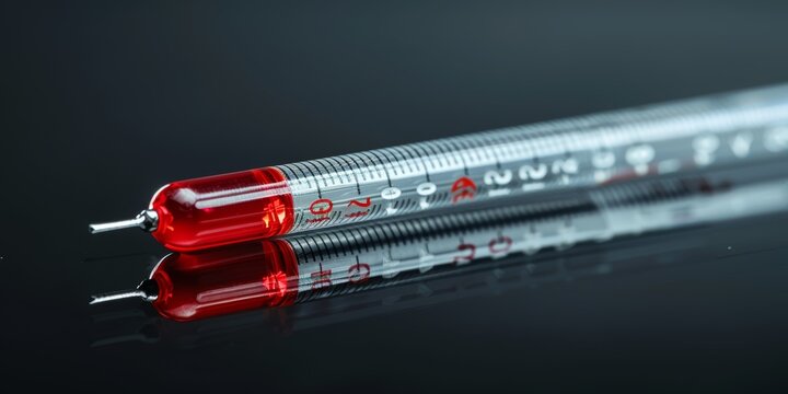 Close-up photograph of a precision glass thermometer with a red liquid inside, reflecting on a glossy black surface under studio lighting
