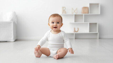 Adorable baby smiling and sitting in a white onesie mockup
