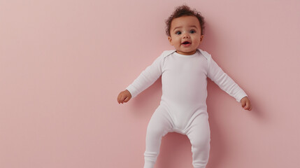 Adorable baby lying on back wearing white onesie mockup