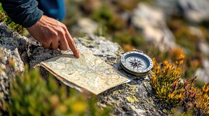 a map and compass on a rock, with a hand pointing towards a distant mountain peak