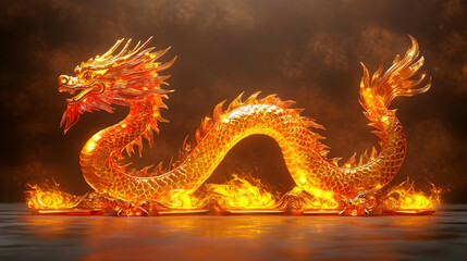 Fototapeta premium Golden Dragon in Flames Chinese Mythology Fiery Powerful