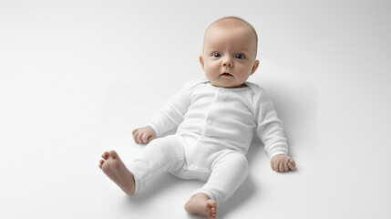 Naklejka premium Adorable baby wearing white onesie relaxing on white background