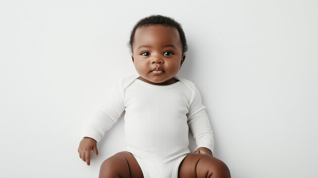 Baby wearing white onesie lying on back on white background
