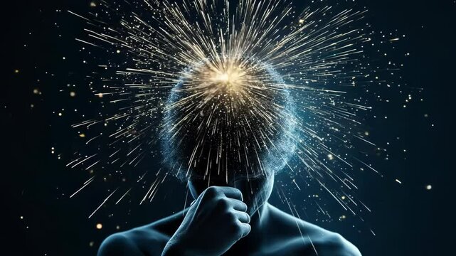 Human silhouette with exploding head of light streaks. Hand raised in front of face, body outlined against dark background. Conveys intense mental state, creativity burst, or inner turmoil.	