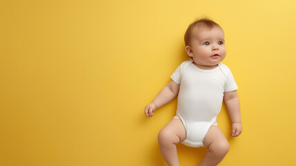 Baby is lying on its back on a yellow background wearing a white onesie