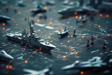 Showcasing contemporary military equipment  fighter jets, ships, satellites, and data connections