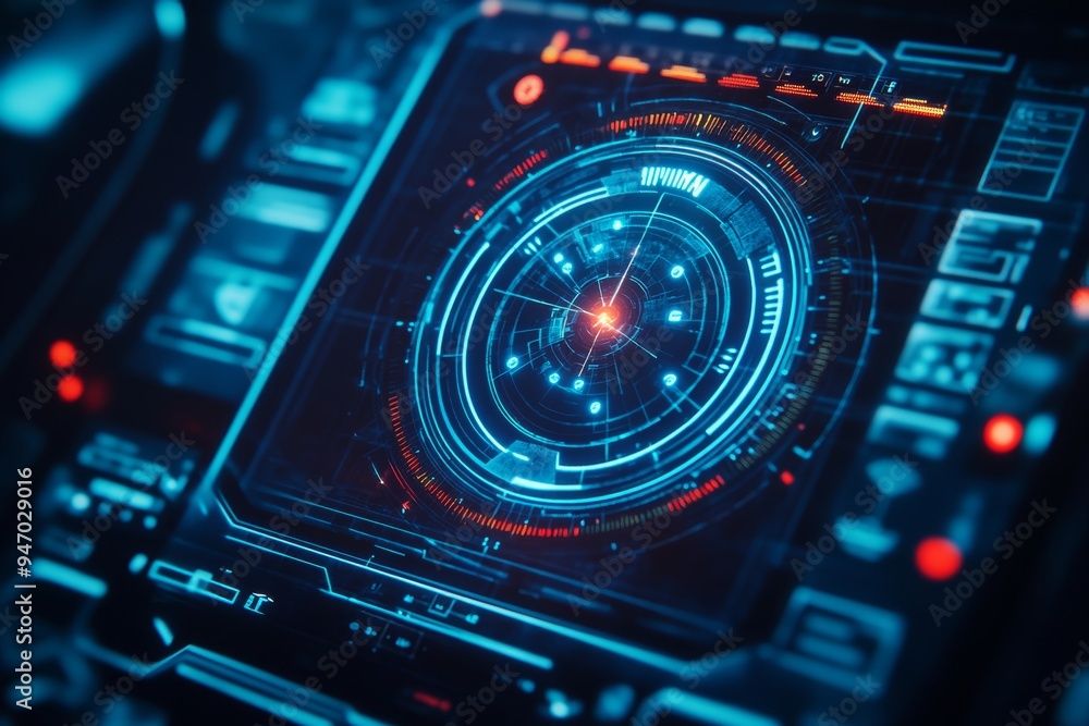 Poster futuristic military hud interface with 3d global targeting and advanced holographic display
