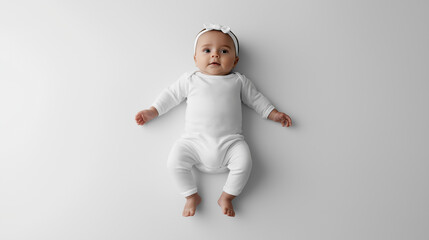Adorable baby girl wearing white onesie lying on white background
