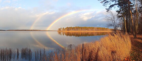 Obraz premium Double Rainbow Reflected in a Still Lake Surrounded by Trees