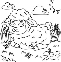 Drawing outline of a sheep resting in the middle of nature.eps
