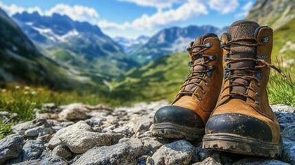 a pair of hiking boots on a rocky path, with a scenic view of mountains and valleys in the background