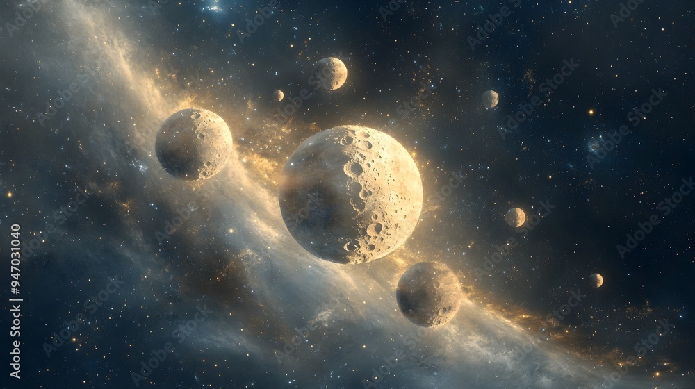 Poster conceptual image depicting the moon forming an abstract pattern in the sky with multiple smaller moo