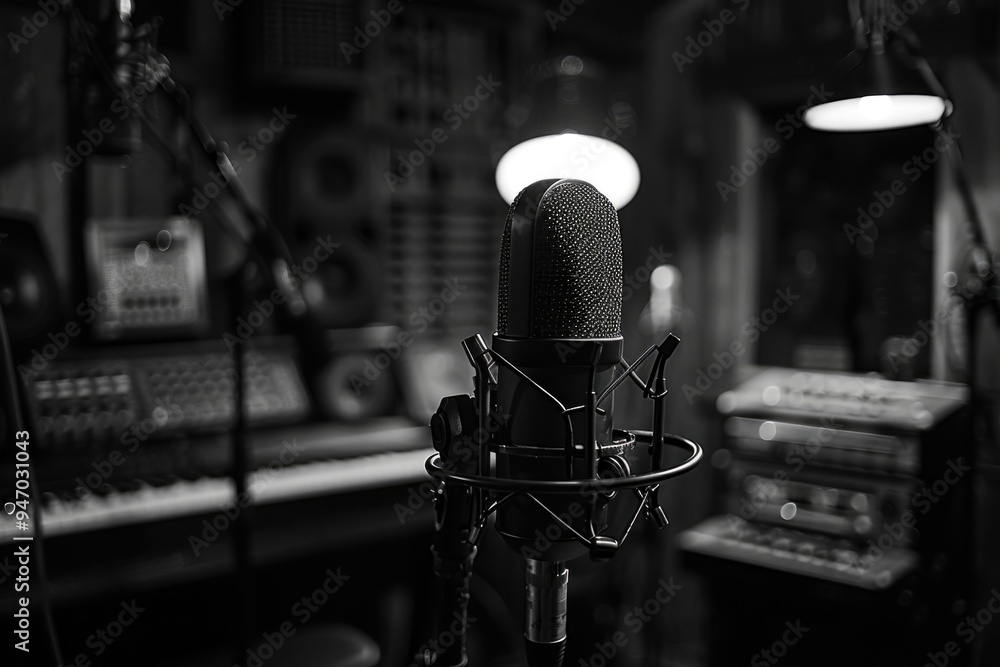 Poster A microphone and keyboard in a recording studio setting