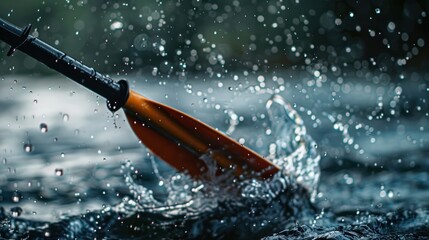 Fototapeta premium Orange kayak paddle splashing water droplets into the air