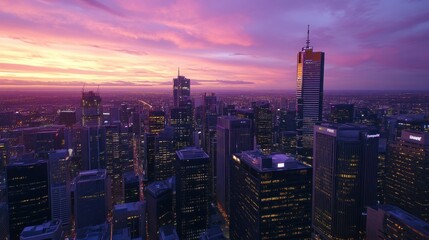 Naklejka premium City Skyline at Twilight with Pink Sky and Lit Windows