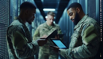 Diverse military personnel collaborating in server center, analyzing data with tablets and laptops