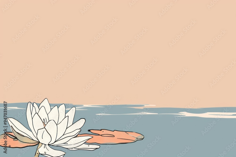 Wall mural Minimalist Water Lily on Blue Water with Beige Background.