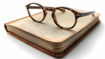 3D Icon: Notebook and Glasses with Remote Work Text Concept - Vision and Note Taking Key in Remote Work. Close-up of Glasses and Notebook, Isolated on White Background
