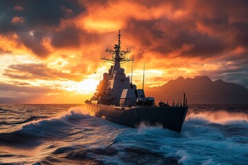 Fototapeta premium Warship maneuvers off the coast during military training exercise in open waters