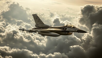 Stunning photograph of an f 16 military jet fighter soaring through a clear blue sky in action