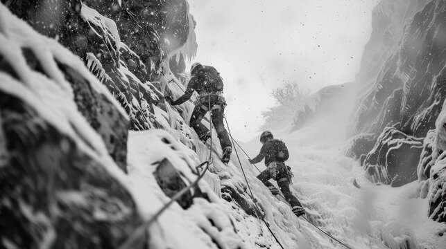 Two ice climbers ascending frozen waterfall in snowstorm