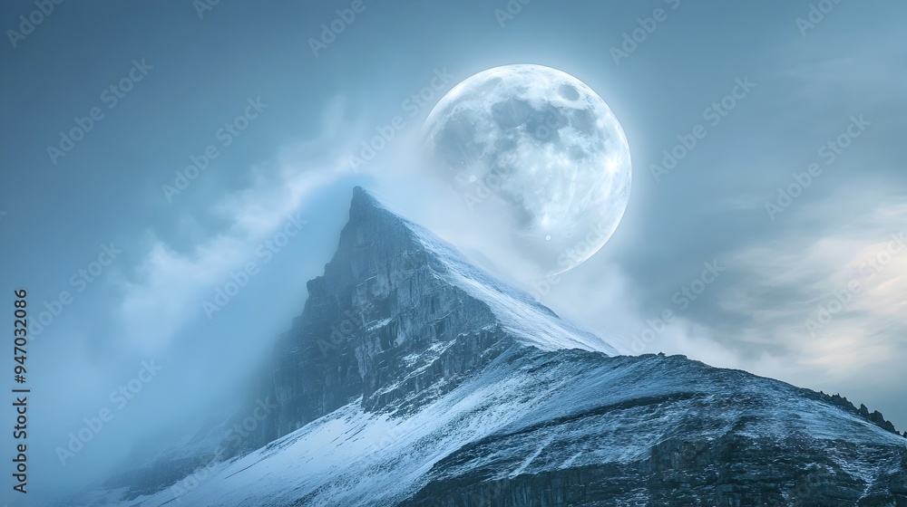 Poster a conceptual and minimalist landscape image showcasing the moon partially obscured by a mountain wit