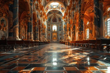 Obraz premium A stunning view of the ornate interior of a grand cathedral with majestic columns and intricate architectural details illuminated by warm sunlight