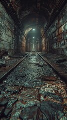 The image showcases an eerie, dimly lit, abandoned underground tunnel with glistening wet railway tracks, leading the viewer into a distant, dark, shadowy vanishing point