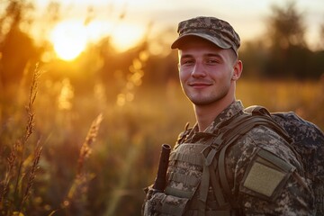 Portrait of a joyful us army soldier in boot camp against a field  war and emotion captured