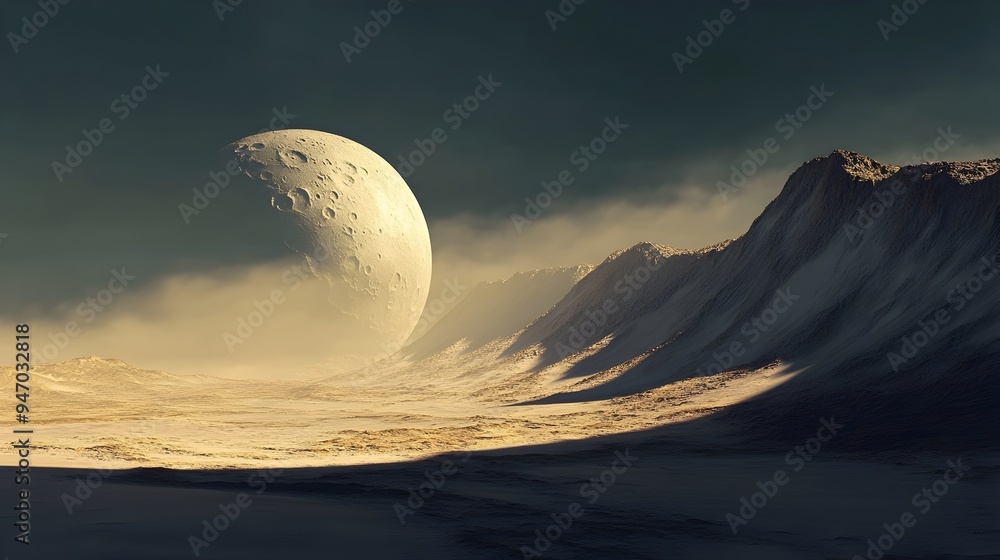 Aufkleber conceptual image of the moon casting long dramatic shadows across a serene minimalist landscape with