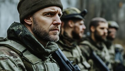 Fototapeta premium Adult man in military uniform attends squad briefing with airsoft gun in side view shot