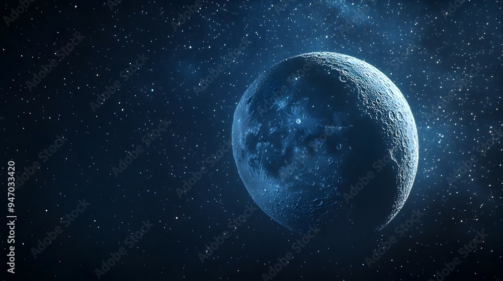 Poster a conceptual digital art image depicting the moon gradually merging with a starry night sky with the