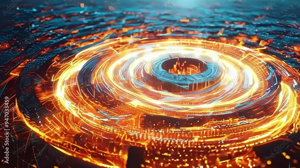 Poster glowing lines forming a complex circular maze are representing the intricacies of the modern financi