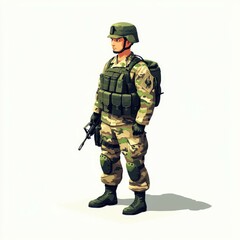 Cartoon Illustration of a Soldier in Camouflage Uniform Holding a Rifle
