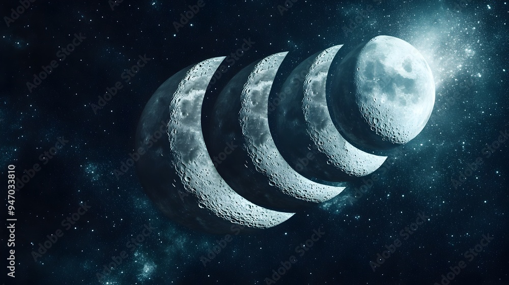 Poster a conceptual image showcasing the ethereal phases of the celestial moon each slightly overlapping th