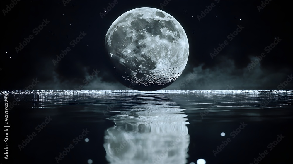Poster celestial reflection the moon s mirrored encore on a tranquil surface a captivating conceptual image
