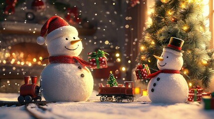 Obraz premium Christmas tree, snowman, a large snowman and a medium-sized snowman exchanging gifts