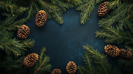 Pine cones and evergreen branches arranged in a circular pattern on a dark background for a festive winter display
