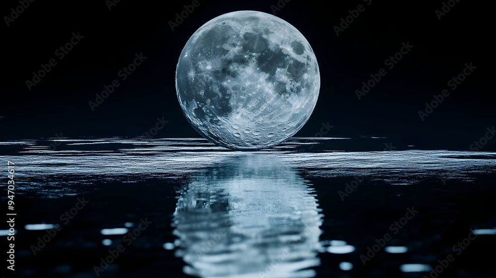 Poster a conceptual image of the moon casting a mesmerizing reflection on a wet mirrored surface creating a