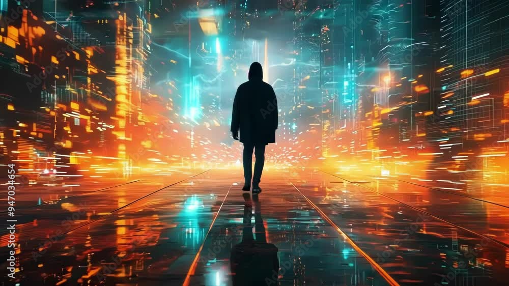 Poster man is walking through an abstract cityscape at night, with data and code raining down, representing