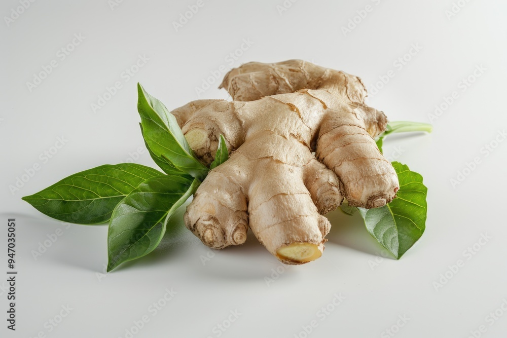 Poster a close-up shot of a piece of ginger with leaves, perfect for use in food or spice related contexts