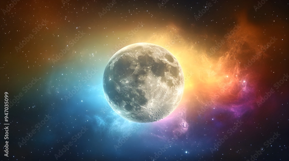 Poster a conceptual image of the moon surrounded by a glowing aura with the light subtly shifting colors cr