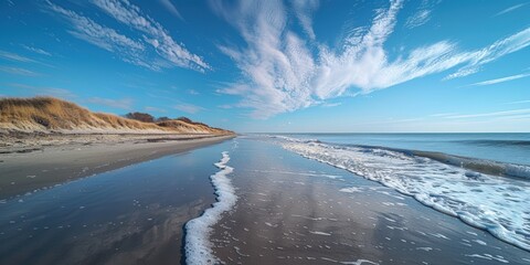 A serene coastal landscape featuring a sandy beach with gentle waves and blue sky adorned with wispy clouds on a clear sunny day